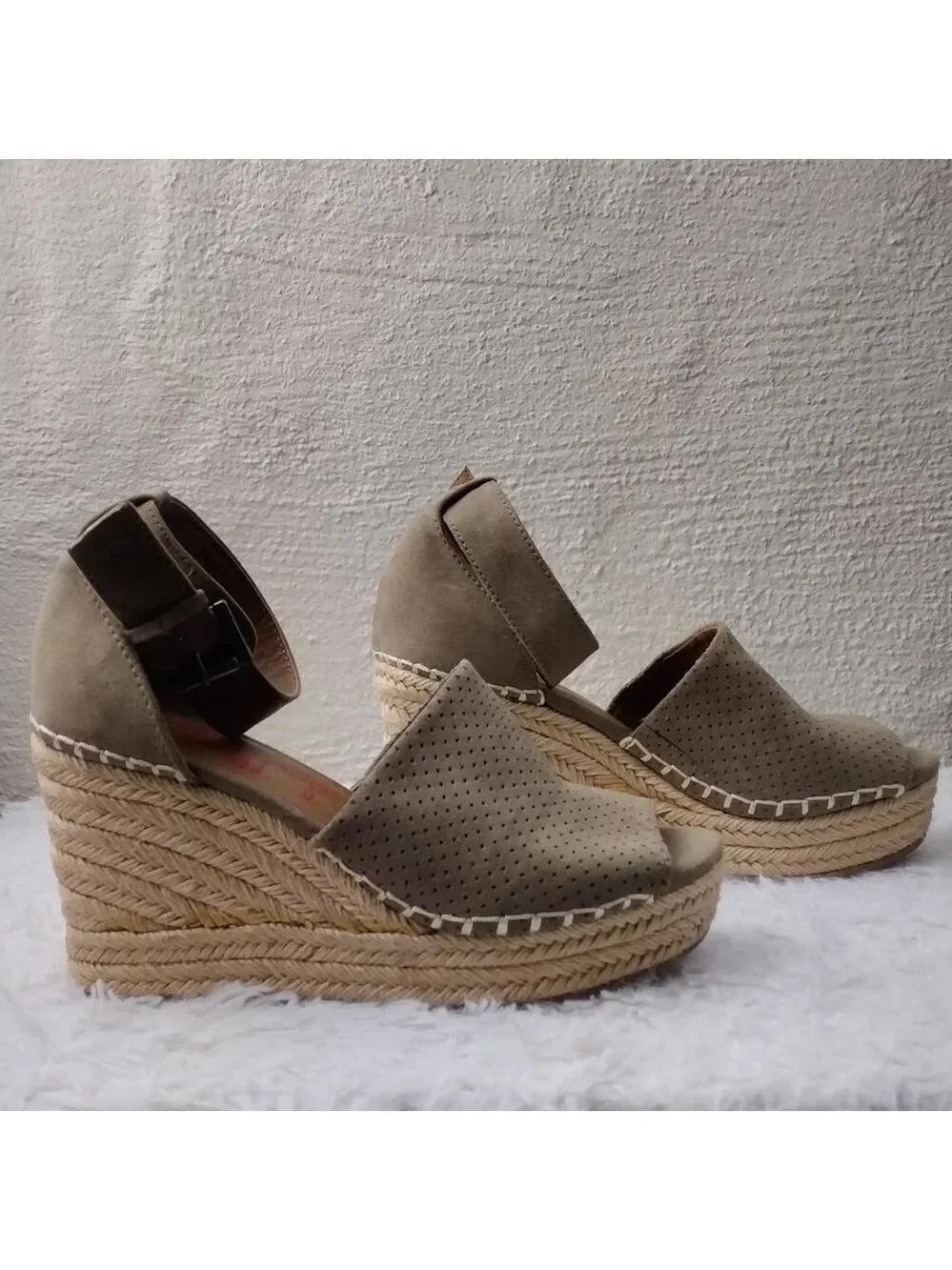 Jellypop Taupe Faux Suede Ankle Buckle Strap Wedge Heeled Espadrille Sandal Shoe